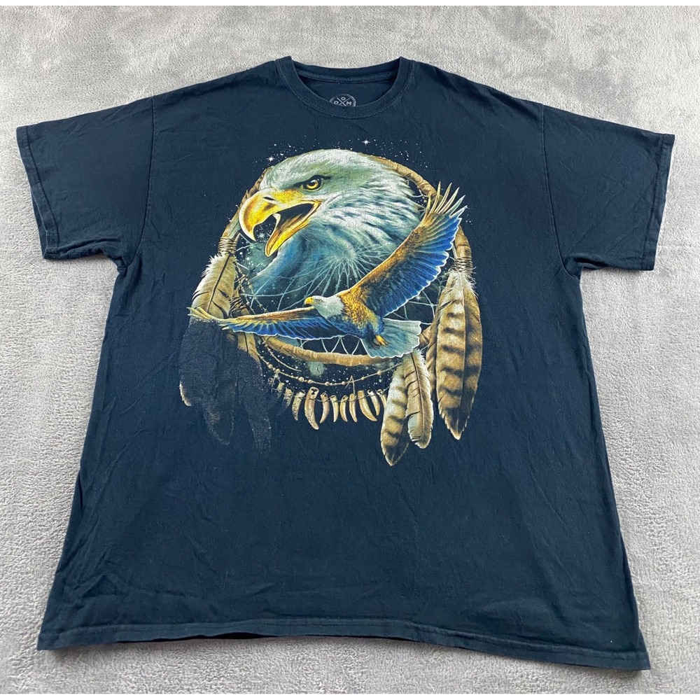 DXM Mens XL Black Bald Eagle Dreamcatcher Graphic Print T-Shirt Cotton Short Slv